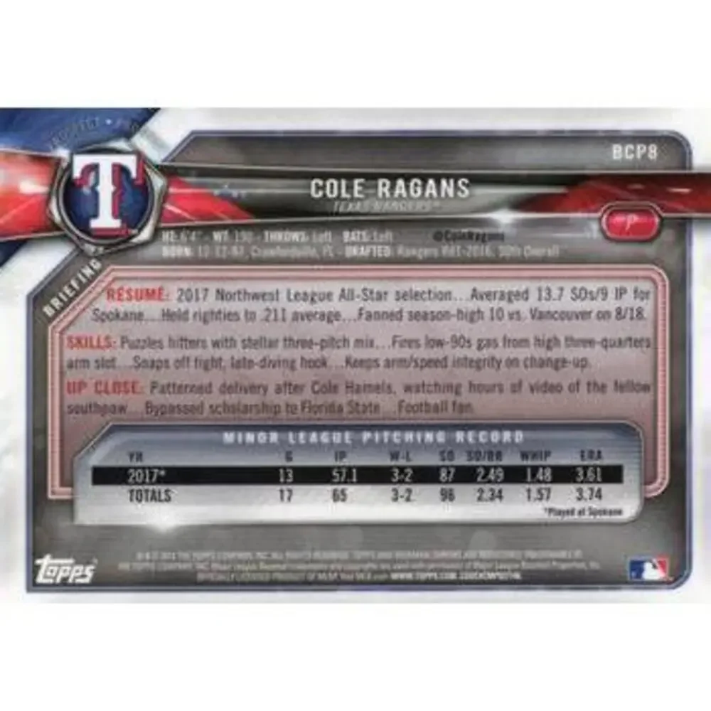 2018 Bowman Chrome Prospects Cole Ragans BCP8 Texas Rangers